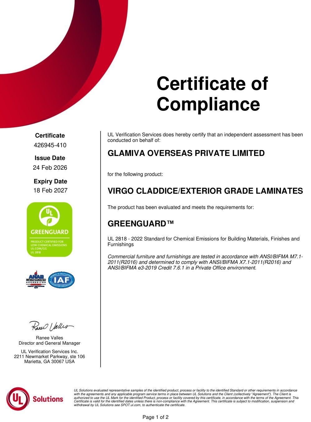 GREENGUARD — Claddice / Exterior certificate