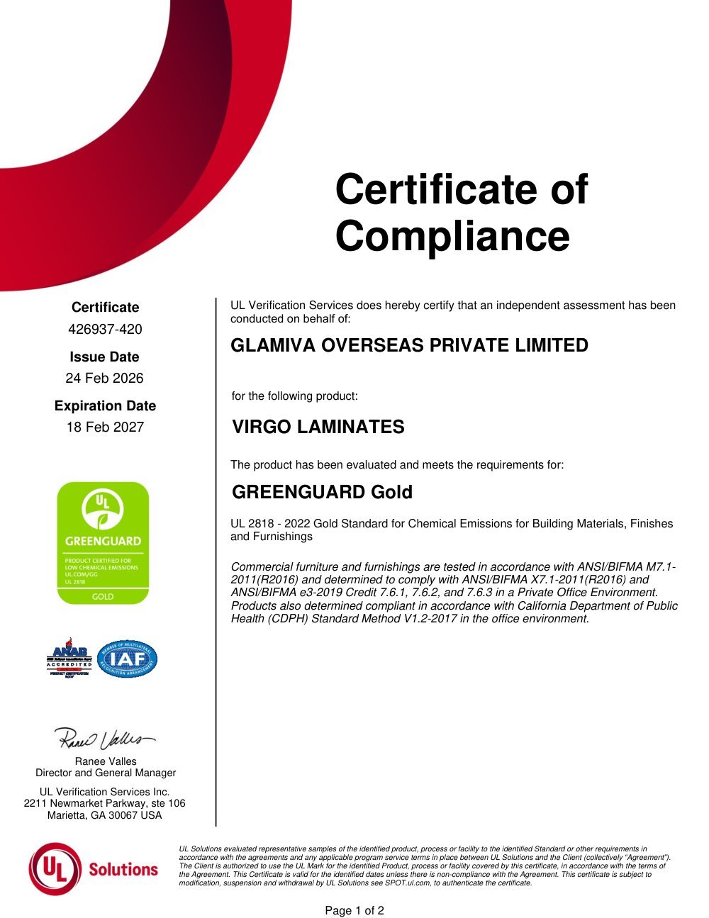 GREENGUARD Gold — Laminates certificate